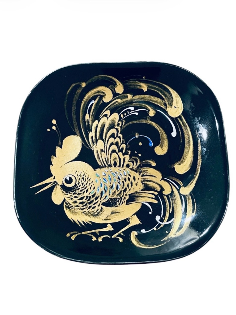 Vintage Fenton Hand-Painted Rooster Decorative Plate Trinket Dish Black & Gold